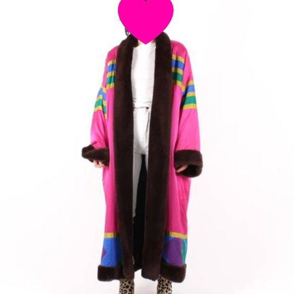 80s Technicolor Rainbow Faux fur & SILK coat